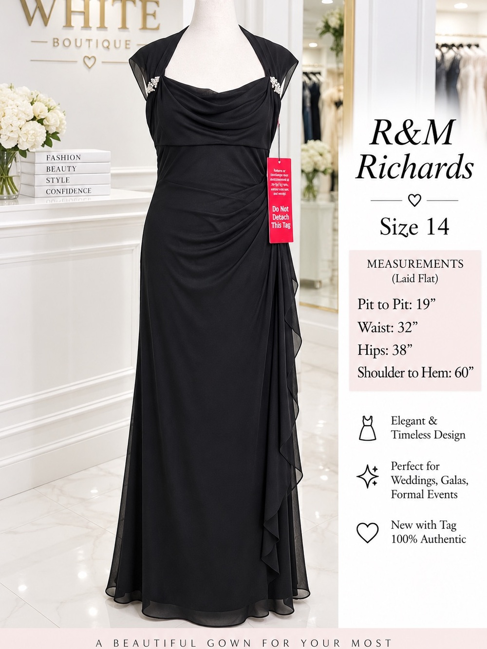 R&M Richards Size 14 Black Rhinestone Cowl Neck Ruched Formal Evening Gown NWT